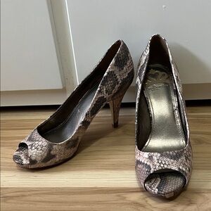 Fergalicious faux snakeskin open toe stiletto